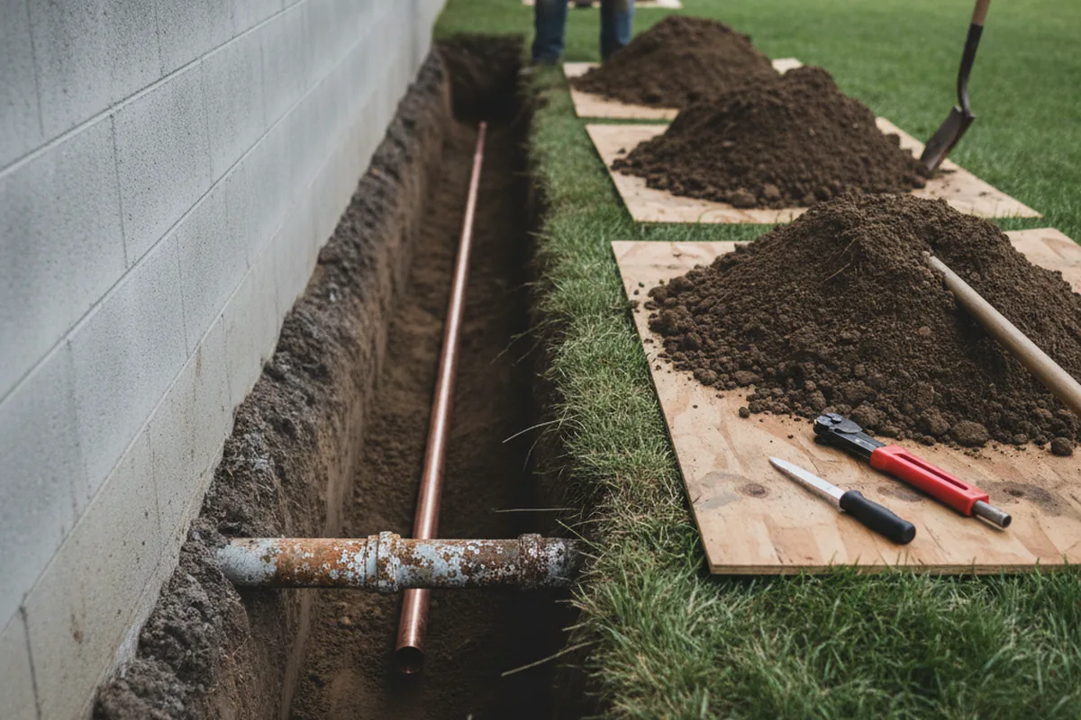 Excavated water line trench during Water Softener Installation in Calimesa